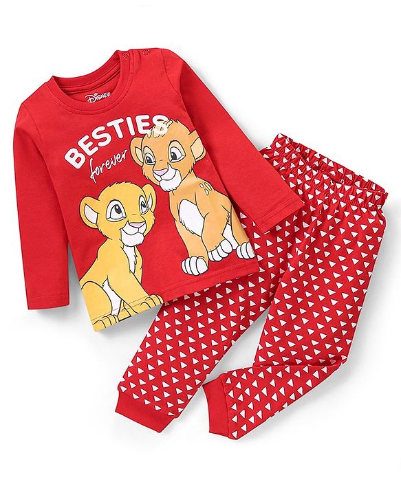 Babyhug Disney Cotton Knit Full Sleeves Night Suit Lion King Print - Red