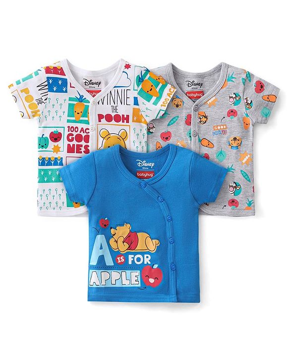 Babyhug Disney 100% Cotton Knit Half Sleeves Front Open Jhablas with Winnie the Pooh Graphics Pack Of 3 - Multicolour