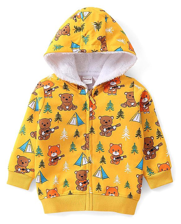 Babyhug Cotton Knit Full Sleeves Hooded Sweatjacket With Hood & Teddy Print - Yellow