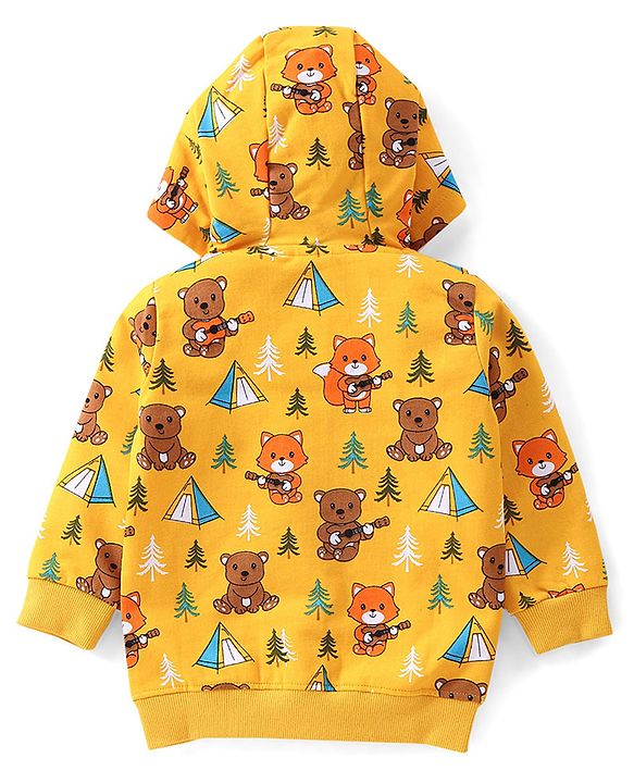 Babyhug Cotton Knit Full Sleeves Hooded Sweatjacket With Hood & Teddy Print - Yellow