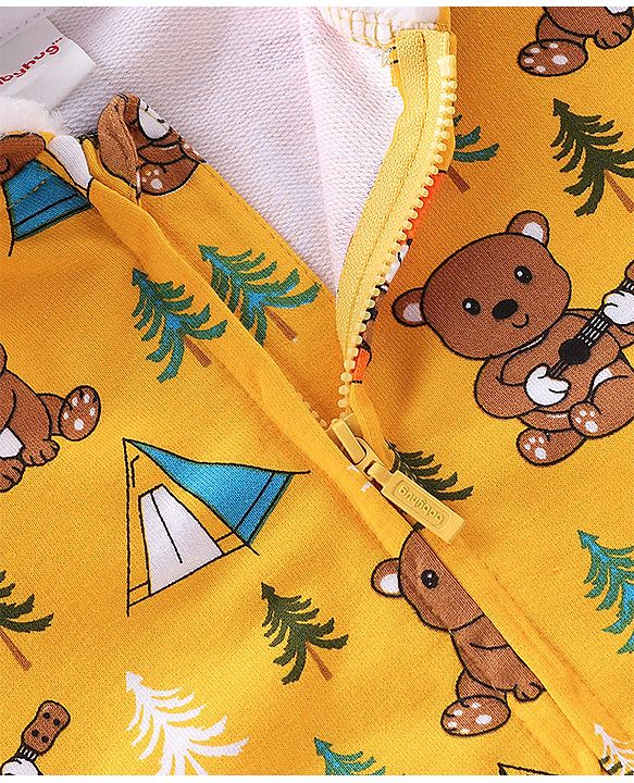 Babyhug Cotton Knit Full Sleeves Hooded Sweatjacket With Hood & Teddy Print - Yellow