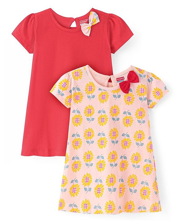 Babyhug Single Jersey Cap Sleeves Knee Length Frocks with Bow Floral Print Pack of 2- Red & Peach