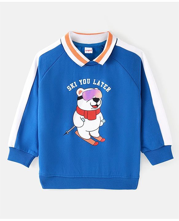 Babyhug Cotton Knit Polo Collar Full Sleeves Sweatshirt With Bear Print - Blue
