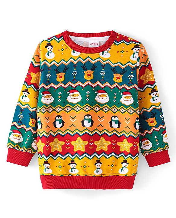 Babyhug Cotton Knit Full Sleeves Sweatshirt With Christmas Theme Print - Multicolor