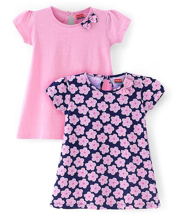 Babyhug Single Jersey Knit Half Sleeves Solid &  Floral Printed Frocks with Bow Appliques Pack of 2 - Pink & Navy Blue