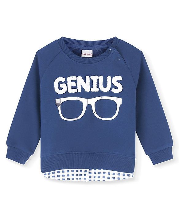 Babyhug 100% Cotton Knit Full Sleeves Overlap Sweatshirt with Foil and Embroidery Detailing - Blue