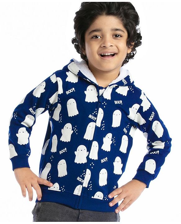 Babyhug Cotton Knit Full Sleeves Halloween Theme Sweatjacket - Navy Blue