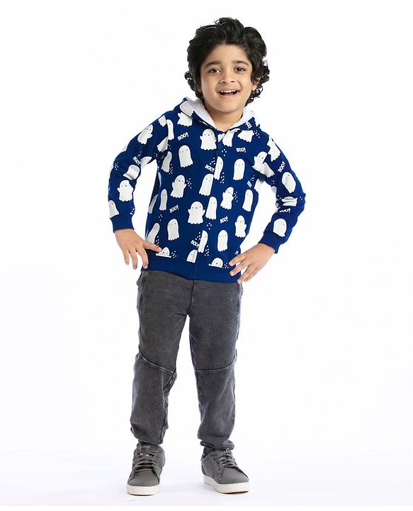 Babyhug Cotton Knit Full Sleeves Halloween Theme Sweatjacket - Navy Blue