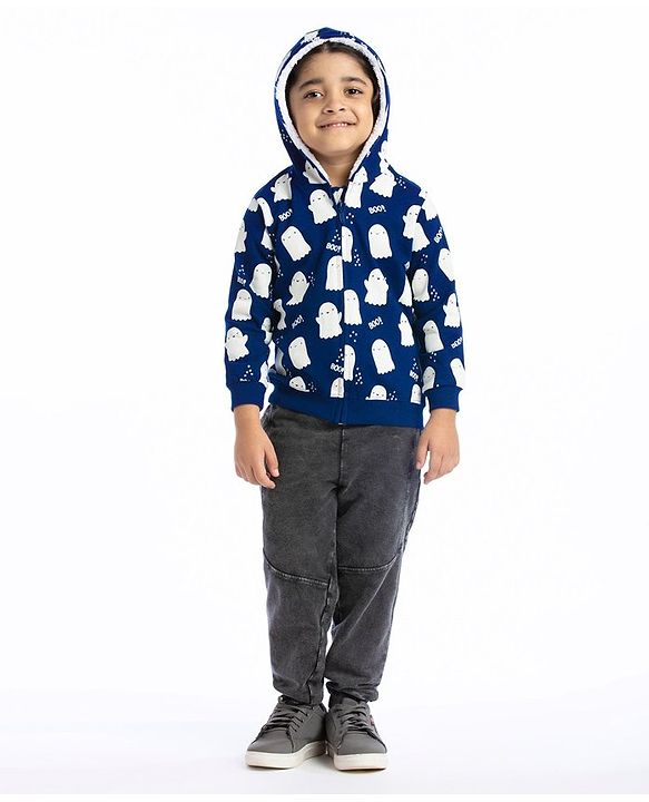 Babyhug Cotton Knit Full Sleeves Halloween Theme Sweatjacket - Navy Blue