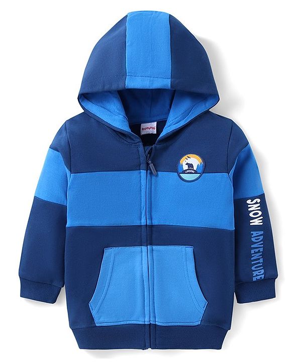 Babyhug Cotton Knit Full Sleeves Cut & Sew Hooded Sweat Jacket with Zipper Front Pocket & Badge Detailing - Navy