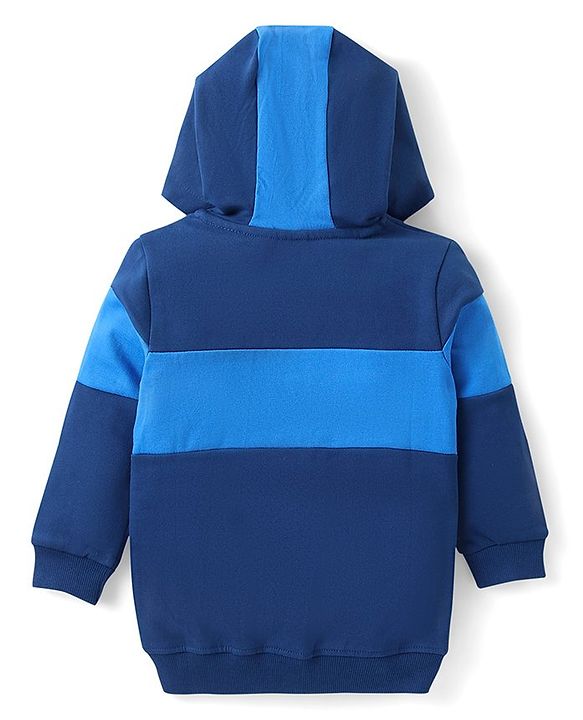 Babyhug Cotton Knit Full Sleeves Cut & Sew Hooded Sweat Jacket with Zipper Front Pocket & Badge Detailing - Navy