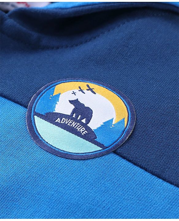 Babyhug Cotton Knit Full Sleeves Cut & Sew Hooded Sweat Jacket with Zipper Front Pocket & Badge Detailing - Navy