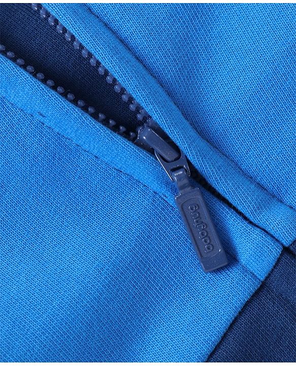 Babyhug Cotton Knit Full Sleeves Cut & Sew Hooded Sweat Jacket with Zipper Front Pocket & Badge Detailing - Navy