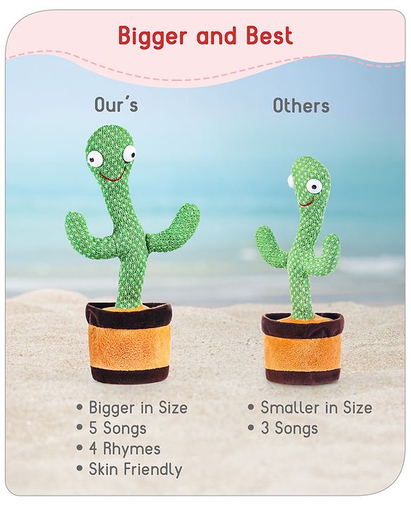 Babyhug Dancing Cactus Talking Toy  Green | Dancing cactus entertainer that reacts to touch | Develops Motor Skills, Vision, Hearing & Sensory Response | BIS Certified
