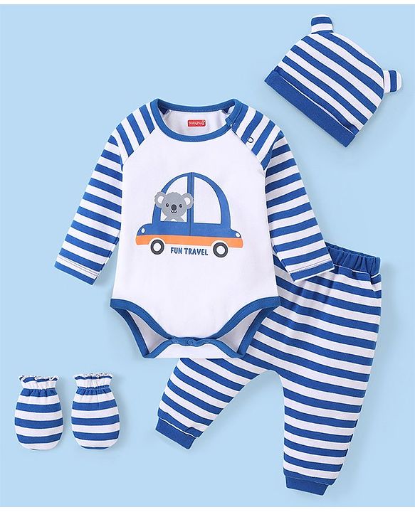 Babyhug 100% Cotton Knit Full Sleeves  Onesies with Leggings Cap & Mittens Koala Print - Blue & White