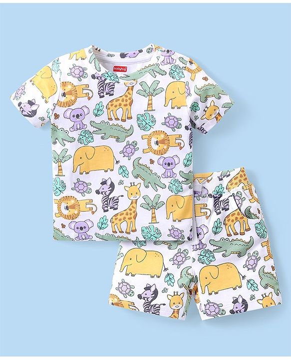 Babyhug Cotton Knit Half Sleeves Animals Printed T-Shirt & Shorts Set - Multicolor