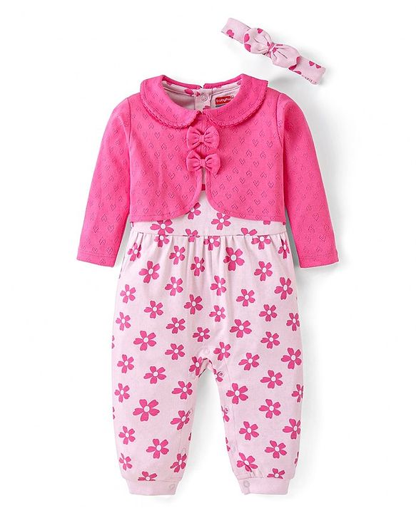 Babyhug 100% Cotton Knit Full Sleeves Romper With Hairband & Floral Print - Pink