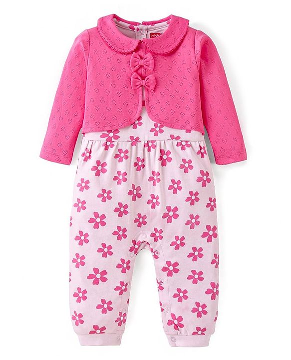 Babyhug 100% Cotton Knit Full Sleeves Romper With Hairband & Floral Print - Pink