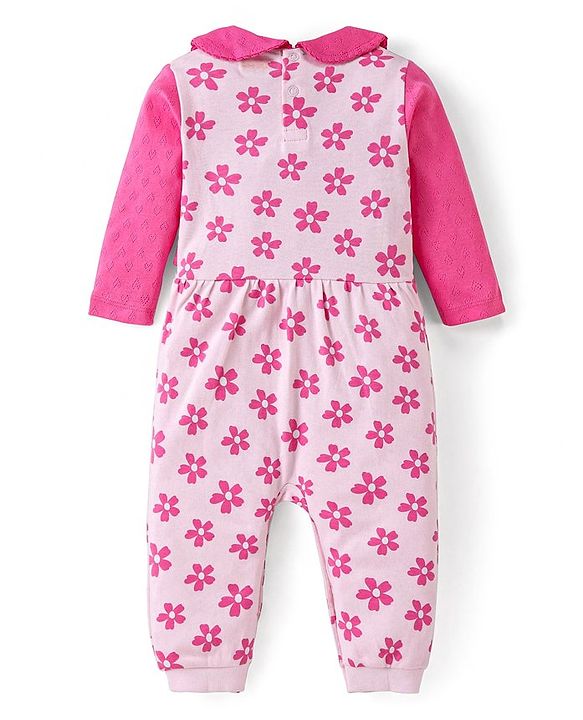 Babyhug 100% Cotton Knit Full Sleeves Romper With Hairband & Floral Print - Pink