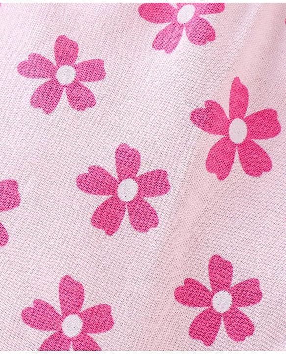 Babyhug 100% Cotton Knit Full Sleeves Romper With Hairband & Floral Print - Pink