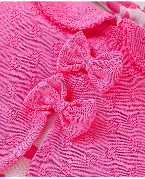 Babyhug 100% Cotton Knit Full Sleeves Romper With Hairband & Floral Print - Pink