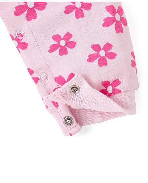 Babyhug 100% Cotton Knit Full Sleeves Romper With Hairband & Floral Print - Pink