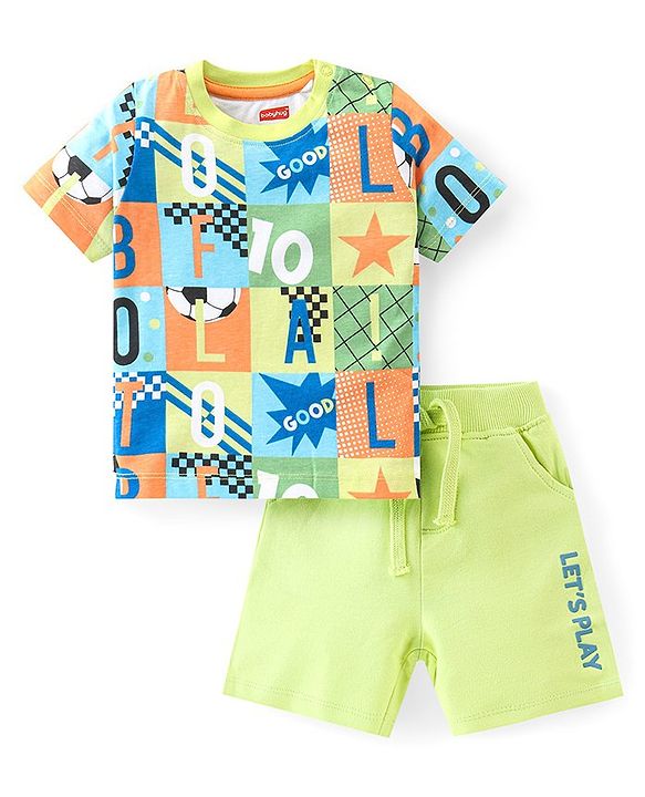 Babyhug Cotton Knit Half Sleeves T-Shirt & Shorts Set With Text Print - Multicolor