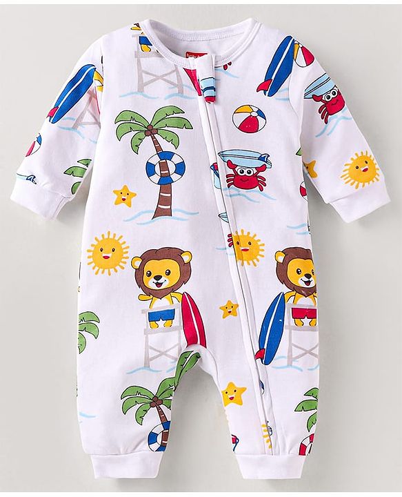Babyhug 100% Cotton Knit Full Sleeves Romper Lion Print - White