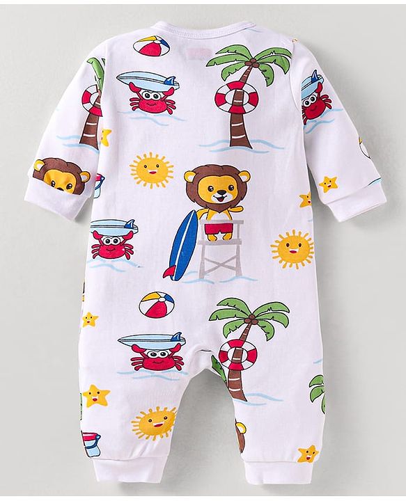 Babyhug 100% Cotton Knit Full Sleeves Romper Lion Print - White