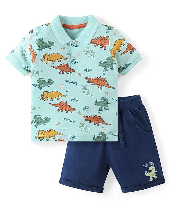 Babyhug Cotton Knit Half Sleeves Polo T-Shirt & Shorts Set With Dinosuars Print - Light Blue & Navy