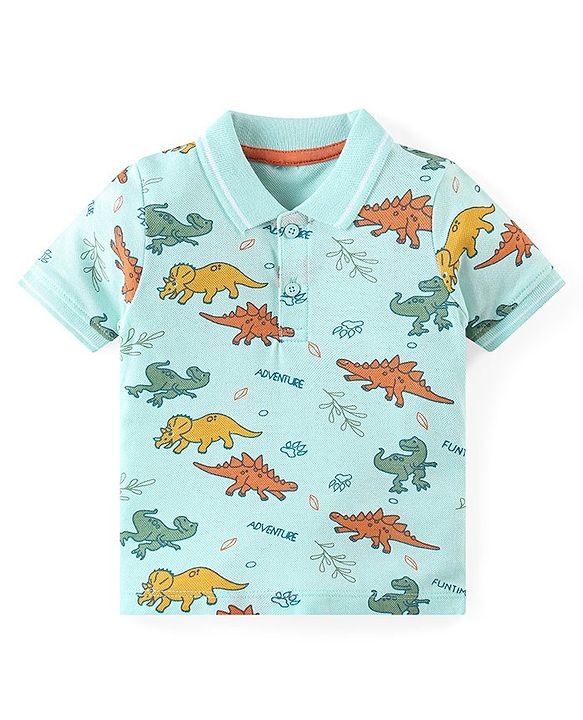 Babyhug Cotton Knit Half Sleeves Polo T-Shirt & Shorts Set With Dinosuars Print - Light Blue & Navy
