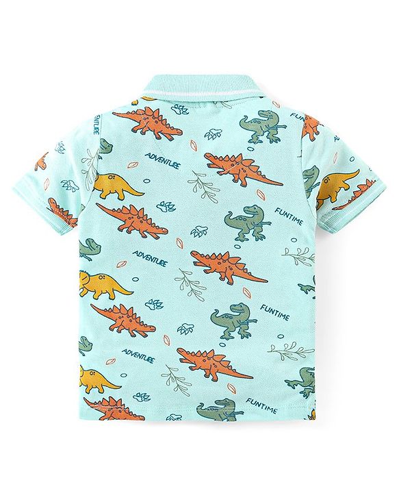 Babyhug Cotton Knit Half Sleeves Polo T-Shirt & Shorts Set With Dinosuars Print - Light Blue & Navy