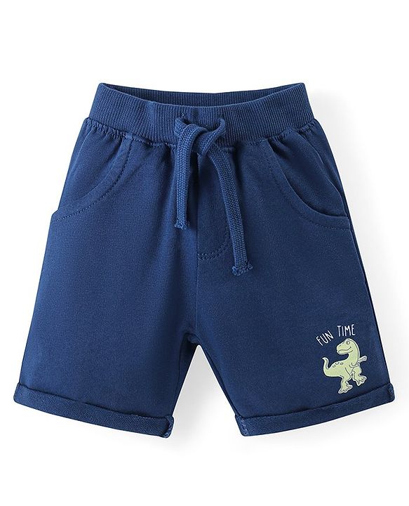 Babyhug Cotton Knit Half Sleeves Polo T-Shirt & Shorts Set With Dinosuars Print - Light Blue & Navy