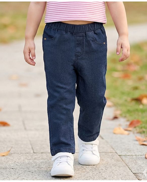 Babyhug Cotton Denim Washed Full Length Jeggings with Stretch - Navy  Blue