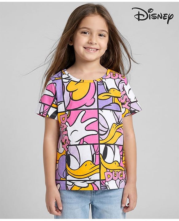 Pine Kids Disney Cotton Knit Half Sleeves T-Shirt with Daisy Duck Print - Multicolour