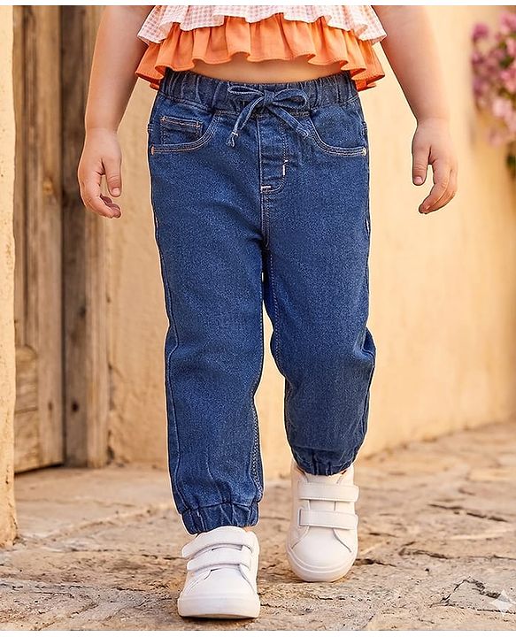 Babyhug Full Length Stretchable Denim Washed Joggers - Dark Blue