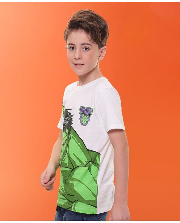 Pine Kids Marvel Cotton Knit Half Sleeves T-Shirt with Hulk Graphics - White