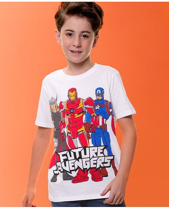 Pine Kids Marvel Cotton Knit Half Sleeves T-Shirt with Front & Back Avengers Graphics - White