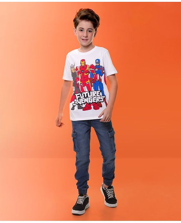 Pine Kids Marvel Cotton Knit Half Sleeves T-Shirt with Front & Back Avengers Graphics - White
