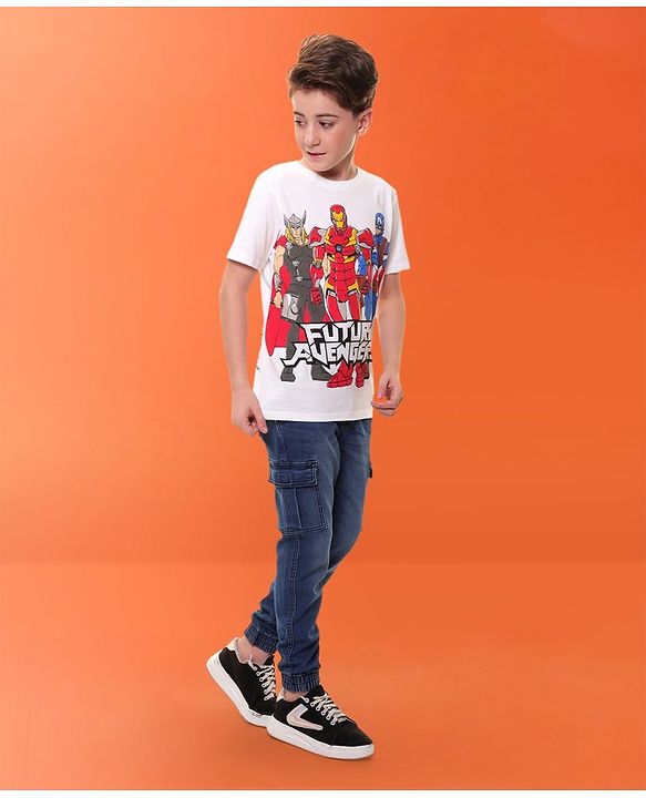 Pine Kids Marvel Cotton Knit Half Sleeves T-Shirt with Front & Back Avengers Graphics - White