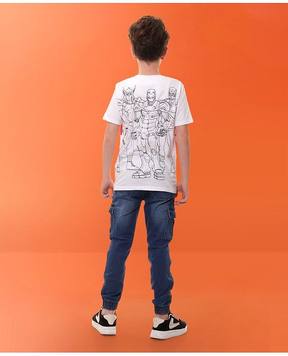 Pine Kids Marvel Cotton Knit Half Sleeves T-Shirt with Front & Back Avengers Graphics - White