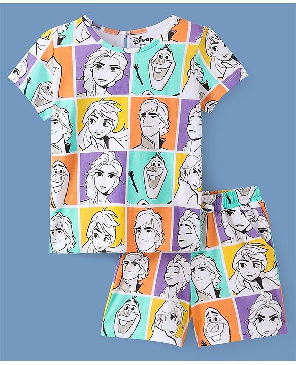 Pine Kids Disney Cotton Knit Single Jersey Half Sleeves Frozen Print Short Night Suit   - Multicolour