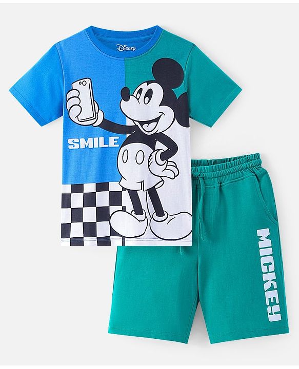 Pine Kids Disney Cotton Knit Half Sleeves T-Shirt & Shorts Set With Mickey Mouse Graphics - Multicolor