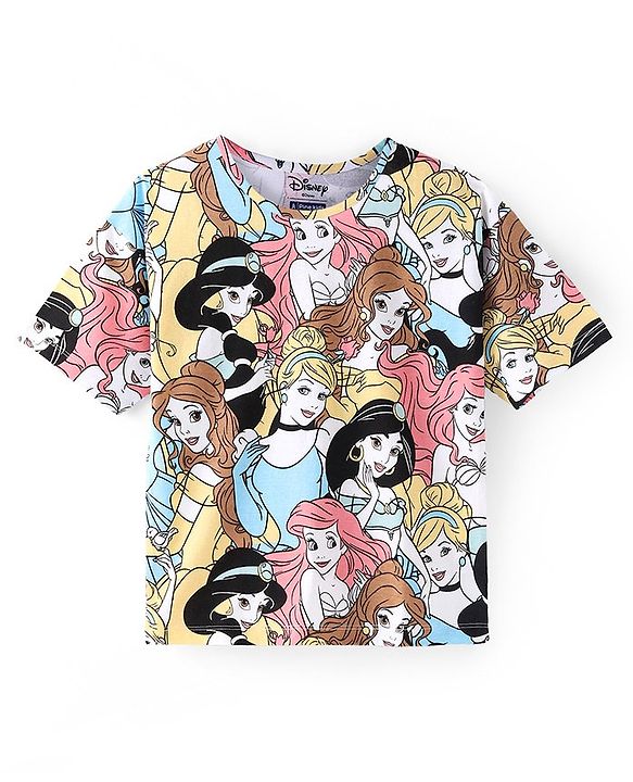 Pine Kids Disney Cotton Knit Half Sleeves  with Disney Princess  Print T-Shirt  -Multicolour
