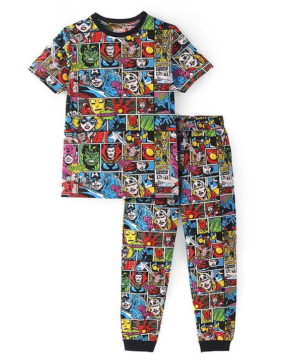 Pine Kids Marvel Cotton Knit Half Sleeves Night Suit With Avengers Comics Print - Multicolor