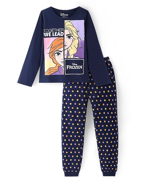 Pine Kids Disney Cotton Knit Full Sleeves Night Suit With Disney Frozen Princess Graphics - Navy