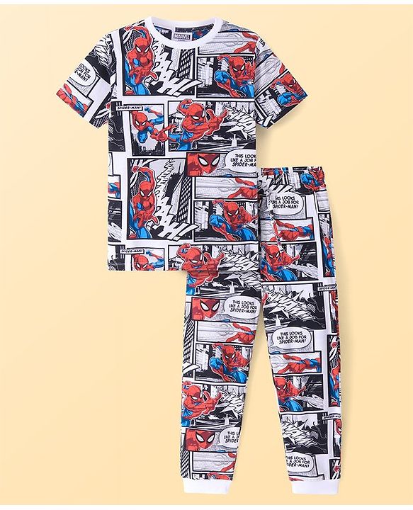 Pine Kids Marvel Single Jersey Knit Half Sleeve Night Suit with Spiderman Print - Multicolor