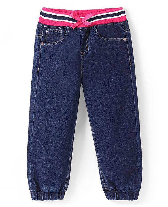 Babyhug Denim Full Length Joggers with Bow Applique - Dark Blue