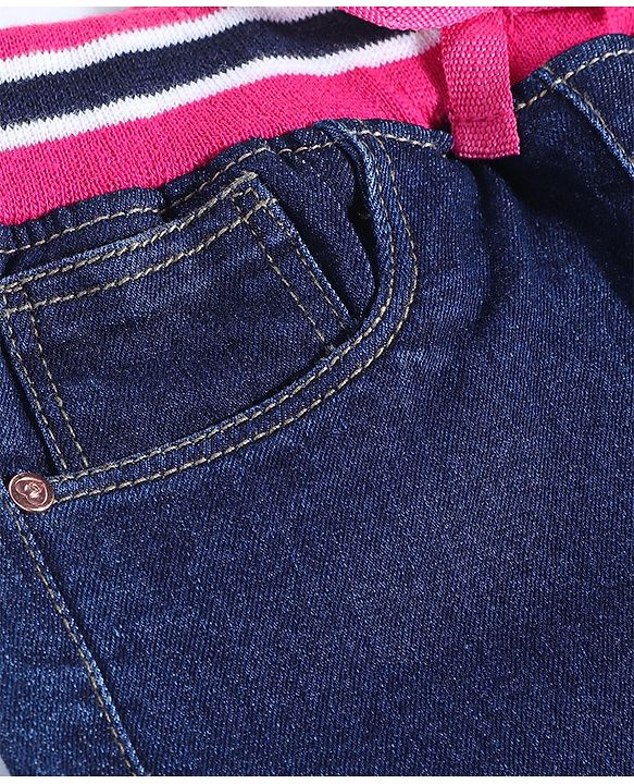 Babyhug Denim Full Length Joggers with Bow Applique - Dark Blue