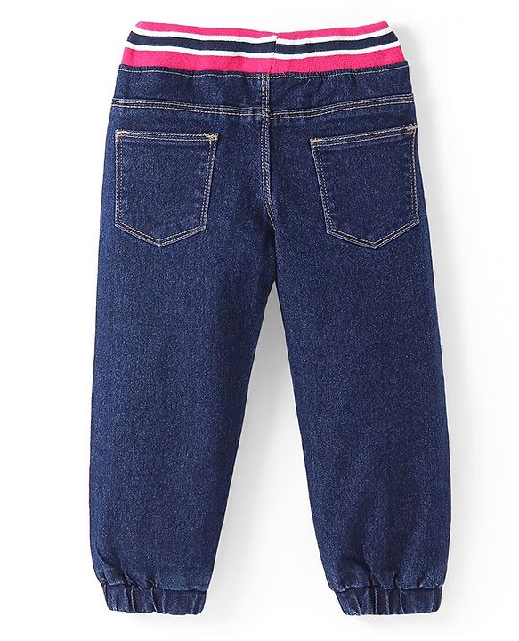 Babyhug Denim Full Length Joggers with Bow Applique - Dark Blue